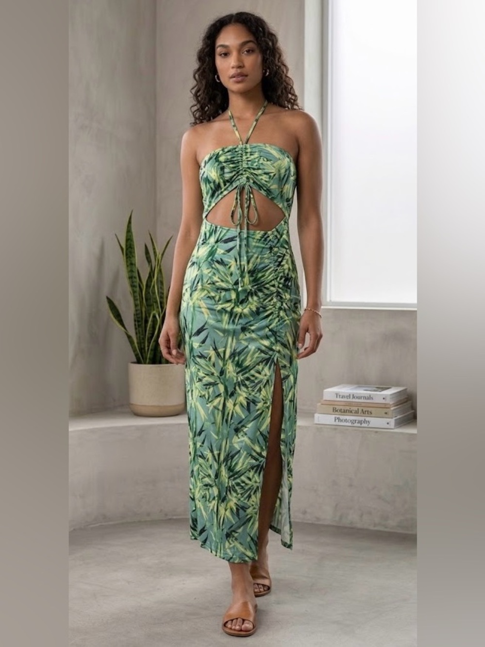 SHEIN Tropical Print Drawstring Halter Dress